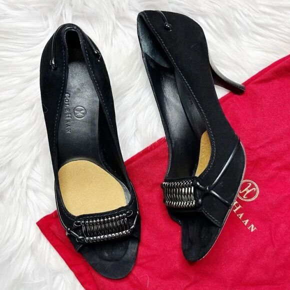 Cole Haan Velvet Peep Toe Pumps Black Size 8.5 - Picture 2 of 8